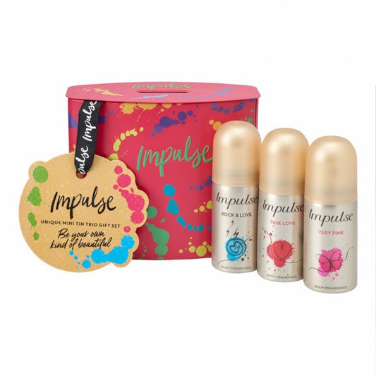 Impulse Unique Mini Tin Giftset. Impulse Tease, Very Pink and True 35ml in a keepsake Tin.
